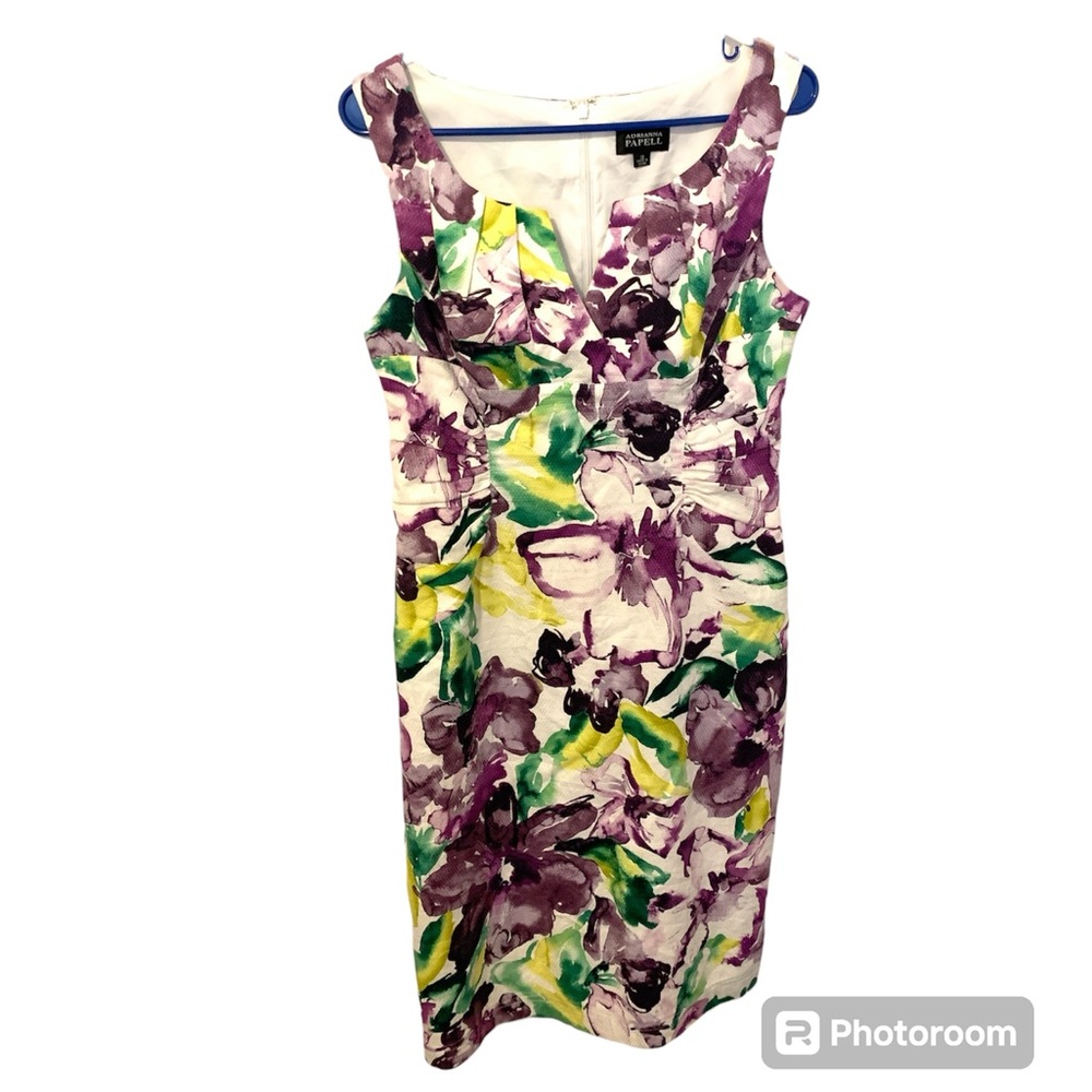 Adrianna Papell size 12 tropical colorful dress V-neck under slip flattering